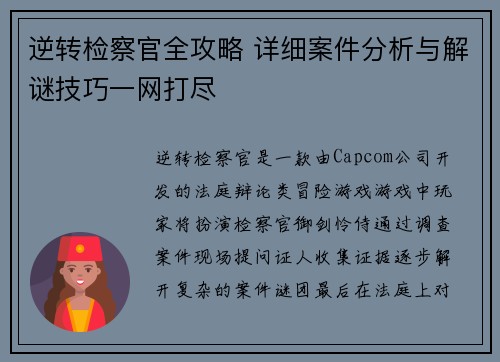 逆转检察官全攻略 详细案件分析与解谜技巧一网打尽